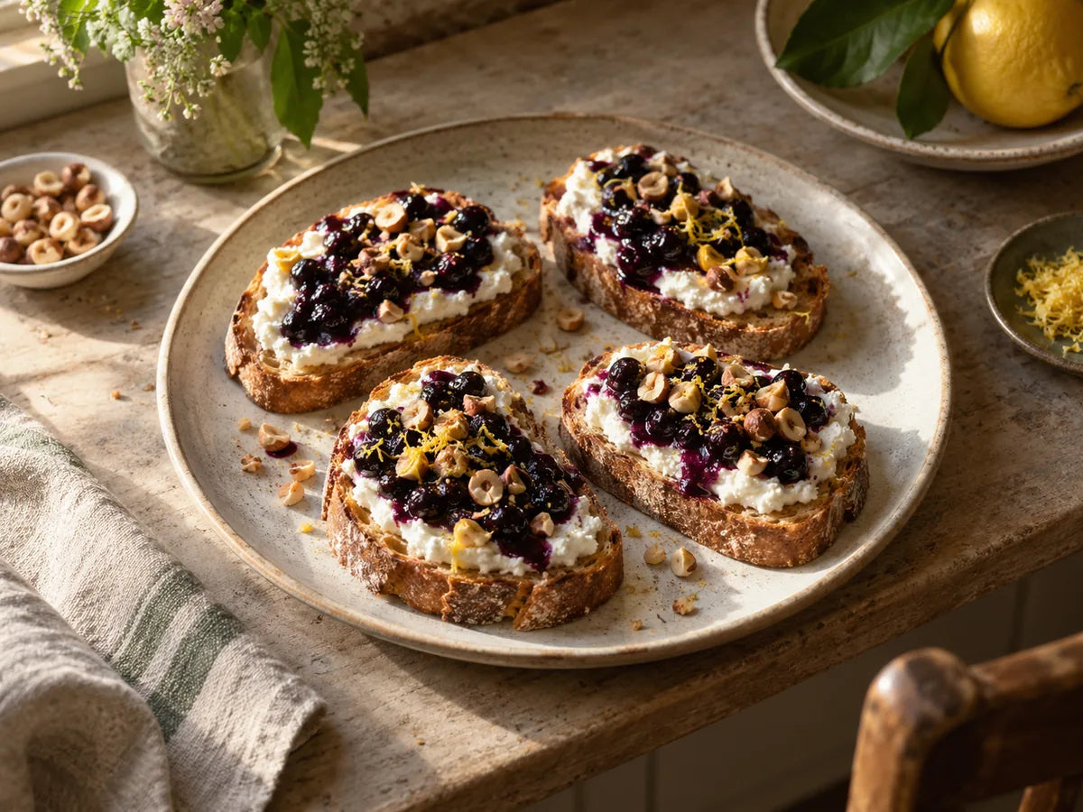 Ricotta Tartines with Wild Blueberry Jam & Hazelnuts