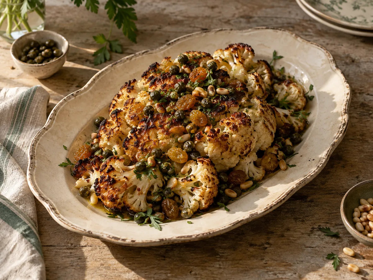 Roasted Cauliflower with Capers, Raisins & Pine Nuts