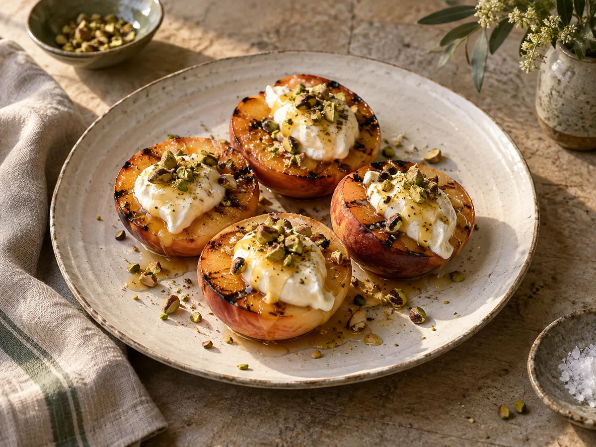Grilled Peaches with Mascarpone, Honey & Ibiza Salt