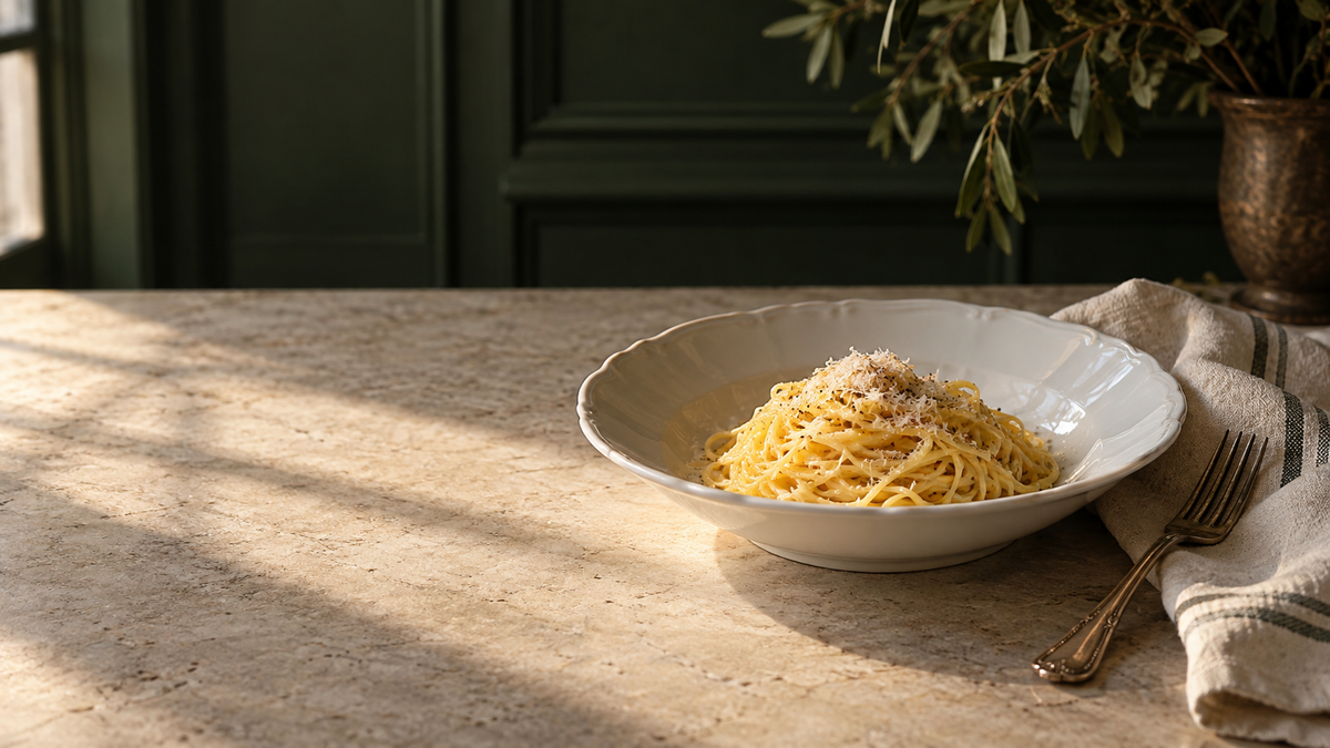 Cipriani Tagliolini dressed with Parmigiano in a quiet heritage-green dining room