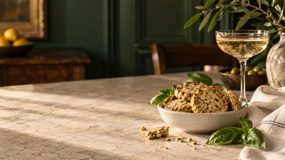 Italian cheese and sweet basil biscuits served beside an aperitivo