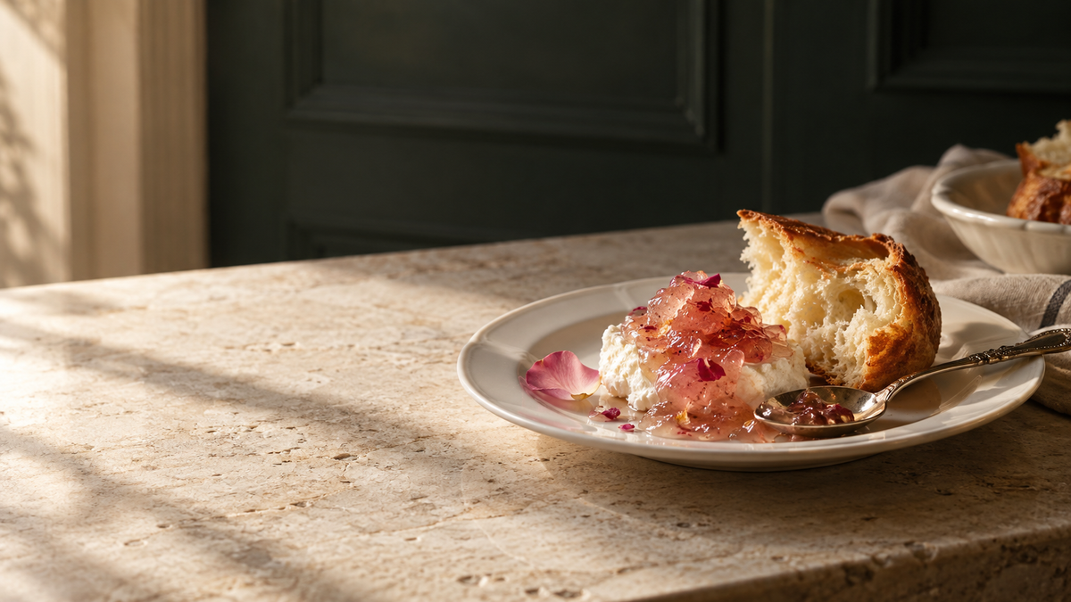Rose petals confit served with soft cheese and brioche in a French country kitchen