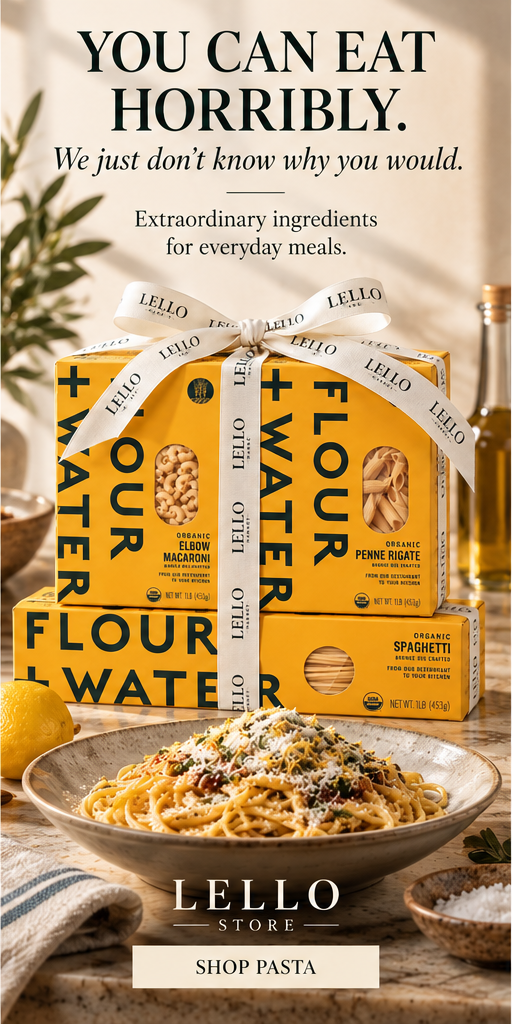 Flour + Water organic pasta with Lello ribbon and a plated pasta dinner