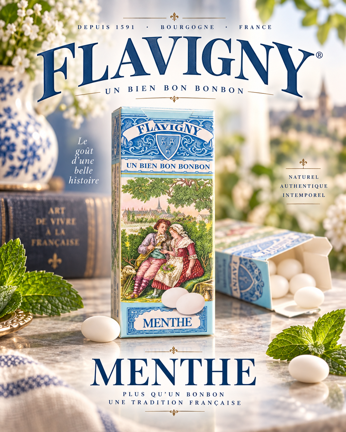 Les Anis de Flavigny Menthe French mint sweets, genuine product lifestyle photograph