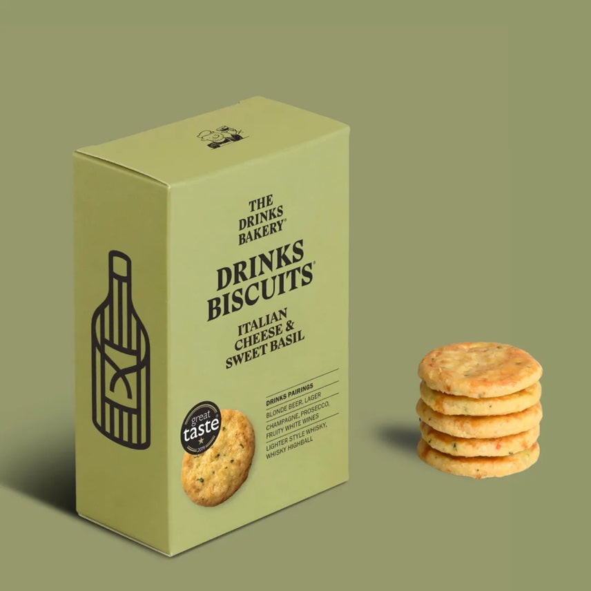 The Drinks Bakery Italian Cheese and Sweet Basil biscuits box