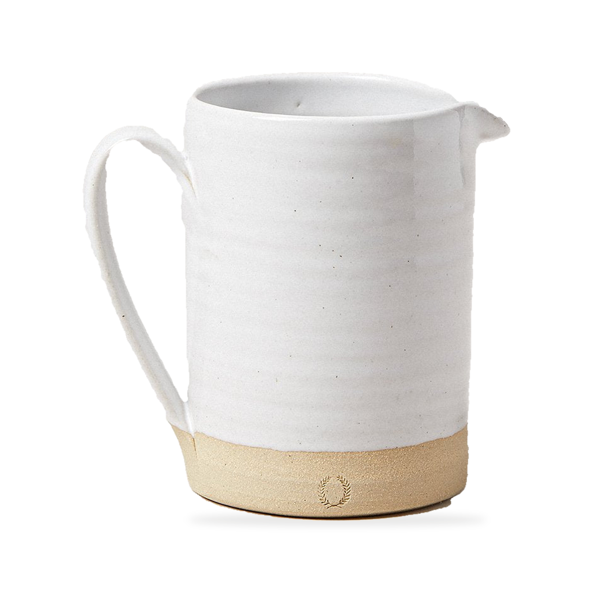 Medium 27 oz Farmhouse Pottery Silo Pitcher on pure white, preserving the original photograph, white glaze, handle and natural clay base