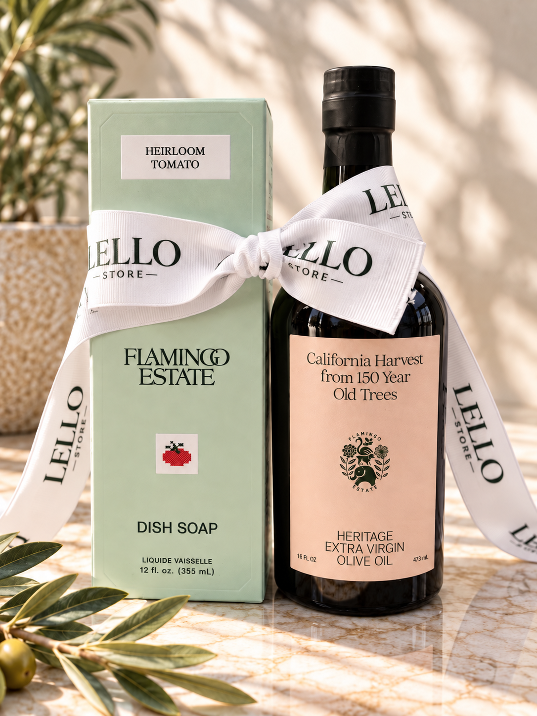 Flamingo Estate Heritage olive oil and Heirloom Tomato dish soap gift duo tied with white Lello ribbon