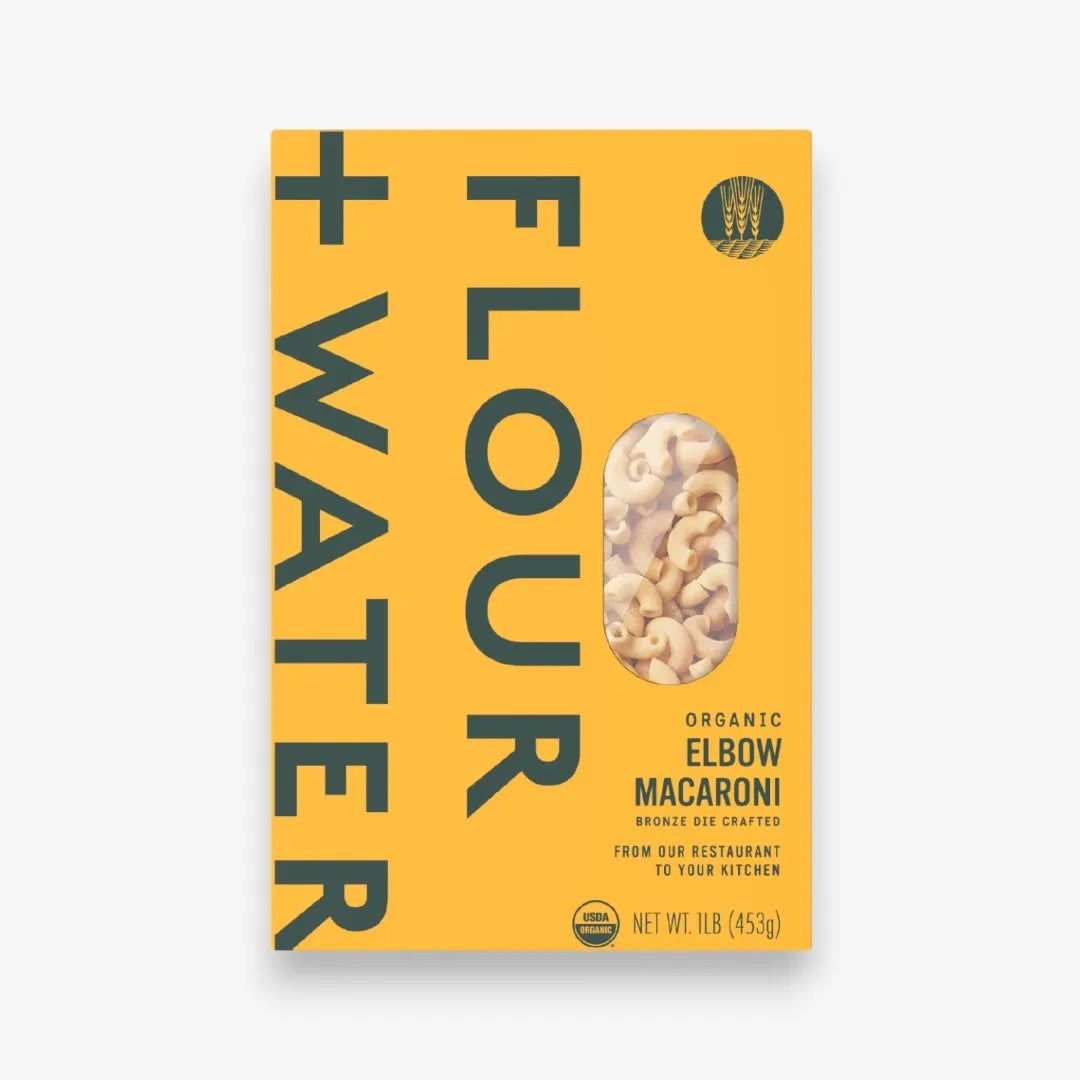 Flour + Water Organic Elbow Macaroni bronze-die pasta, 16 oz yellow box