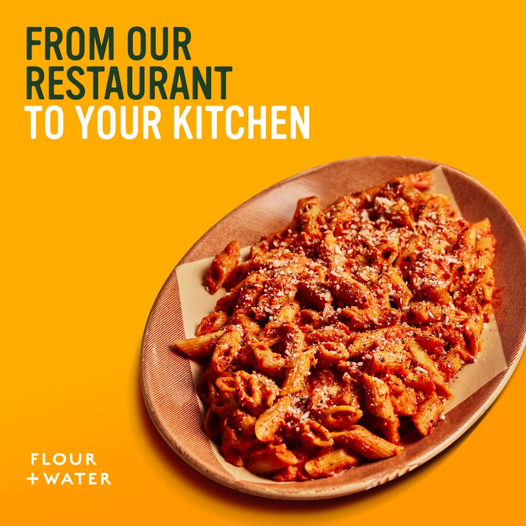 Serving suggestion: Flour + Water penne rigate with tomato sauce and grated cheese