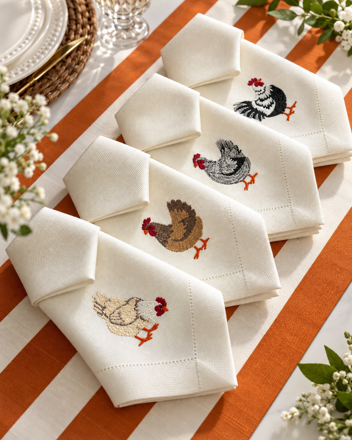 The Country Table: embroidered hen napkins and striped cotton canvas placemats, made in Brazil