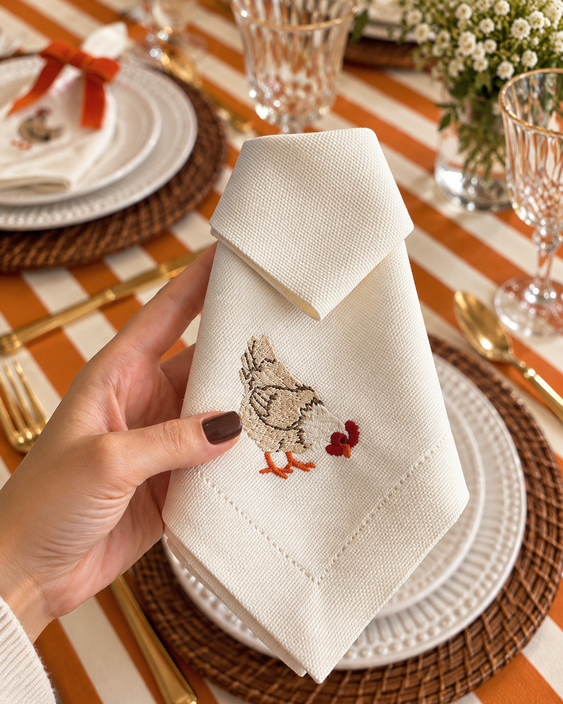 The Country Table: embroidered hen napkins and striped cotton canvas placemats, made in Brazil