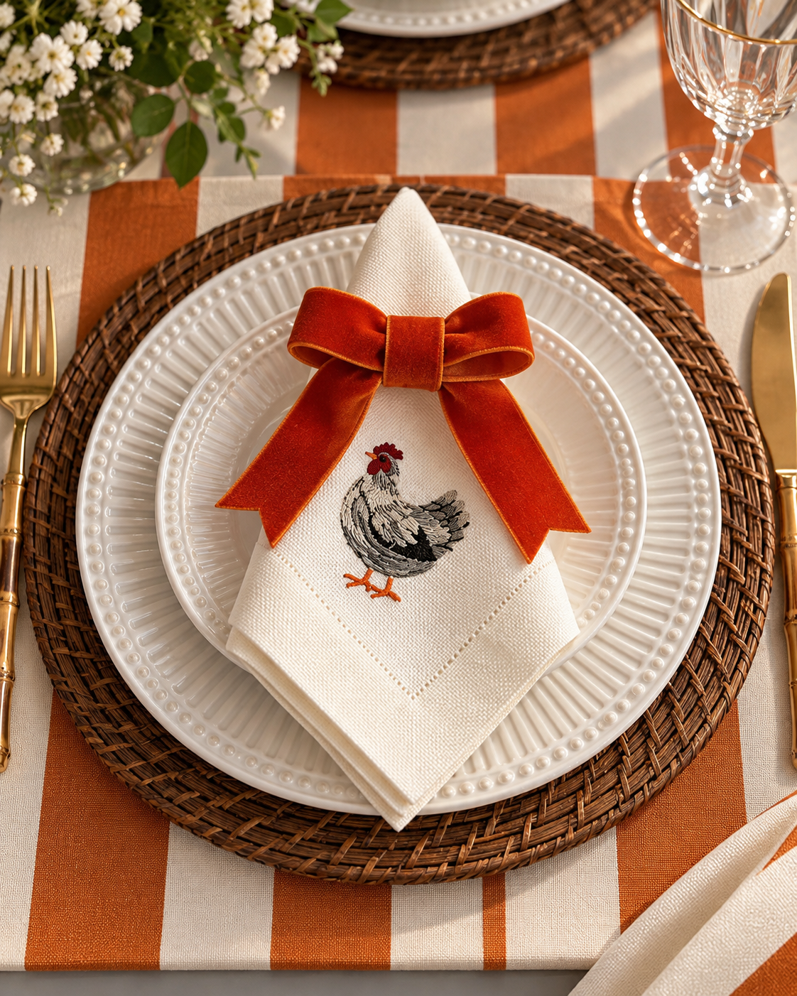 The Country Table: embroidered hen napkins and striped cotton canvas placemats, made in Brazil