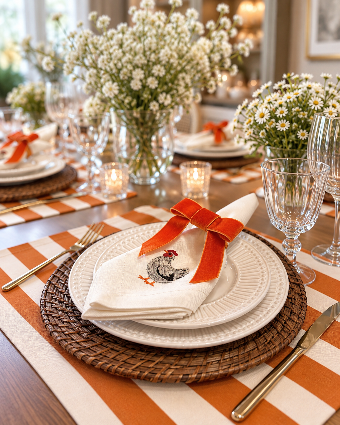 The Country Table: embroidered hen napkins and striped cotton canvas placemats, made in Brazil