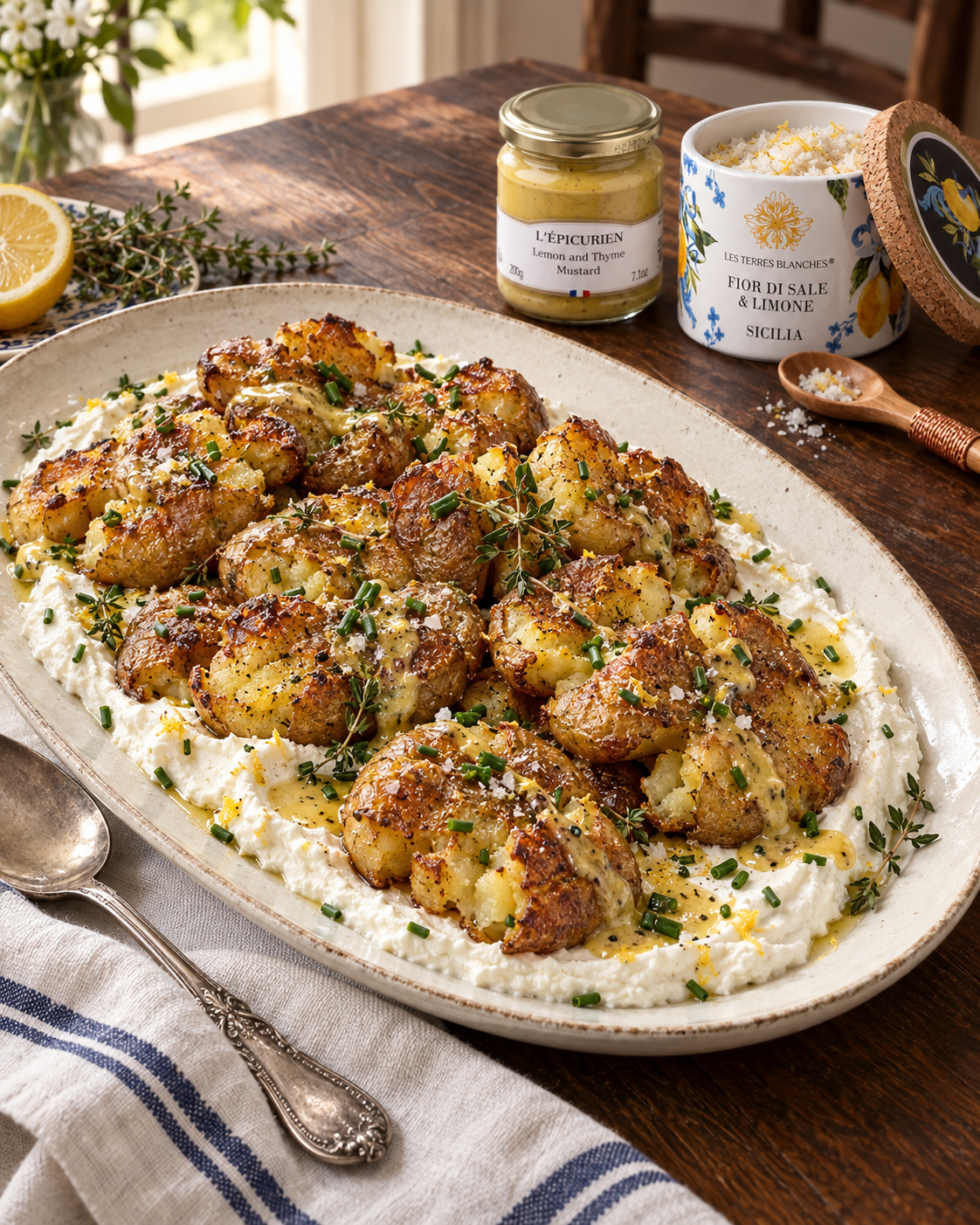 Crispy smashed potatoes over whipped ricotta with lemon-thyme mustard dressing and Sicilian lemon salt