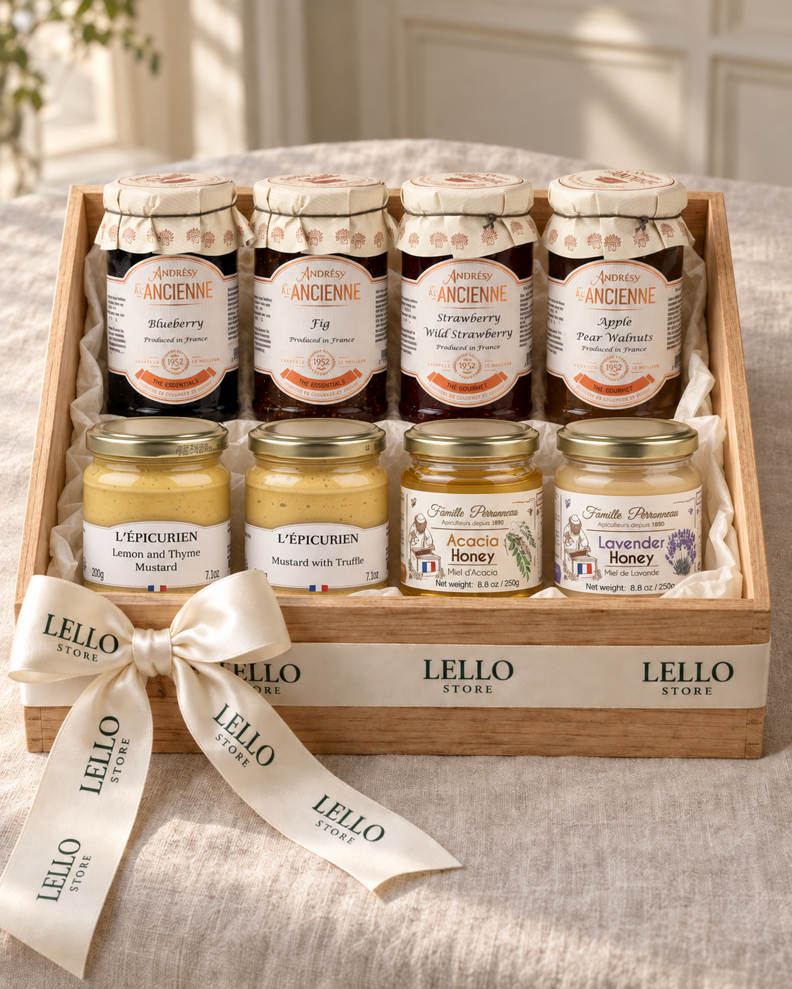 The French Table Box with four Andrésy preserves, two Famille Perronneau honeys and two L’Épicurien mustards in a wood gift box with Lello ribbon