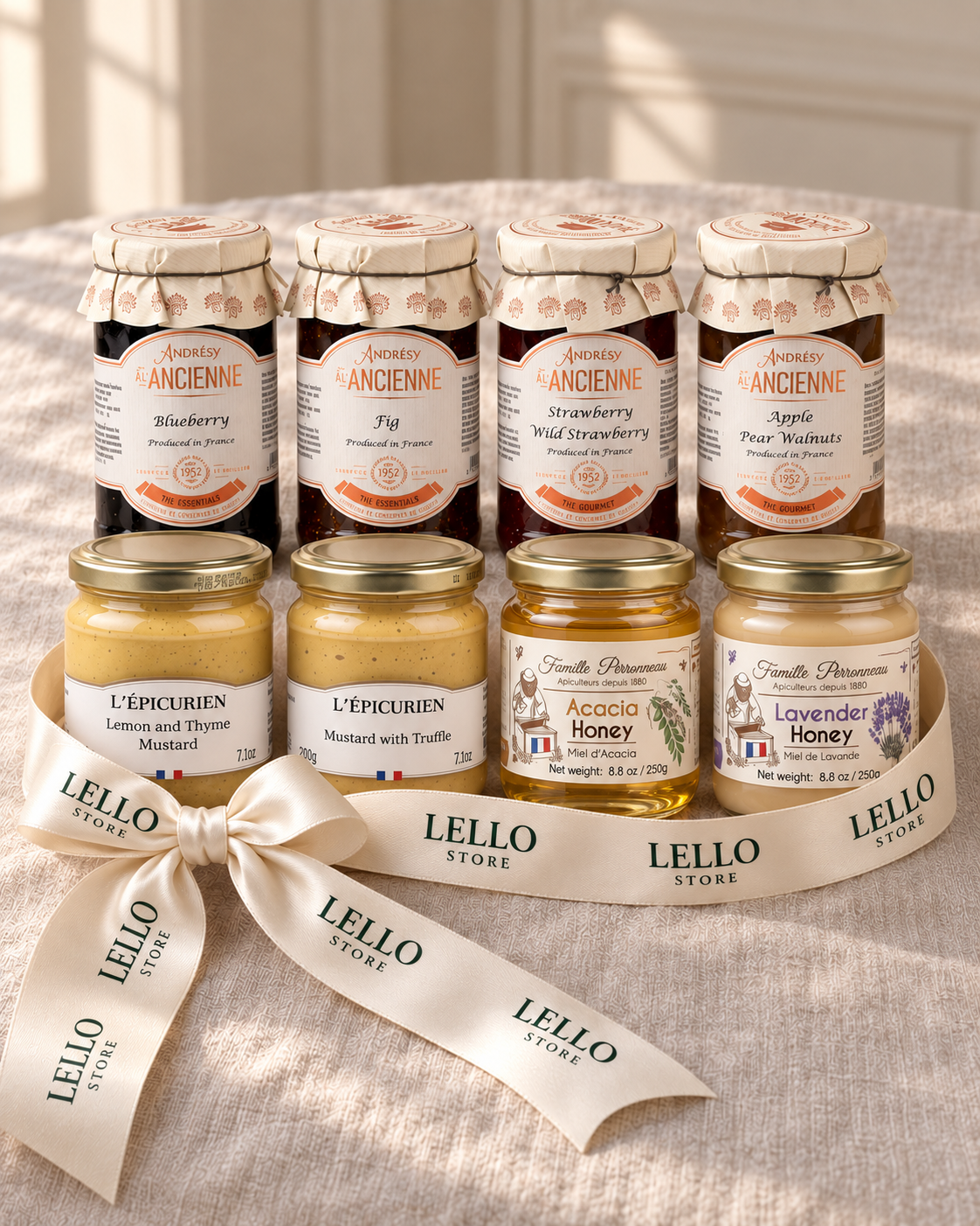 All eight French Table Box jars displayed outside the box with ivory Lello ribbon