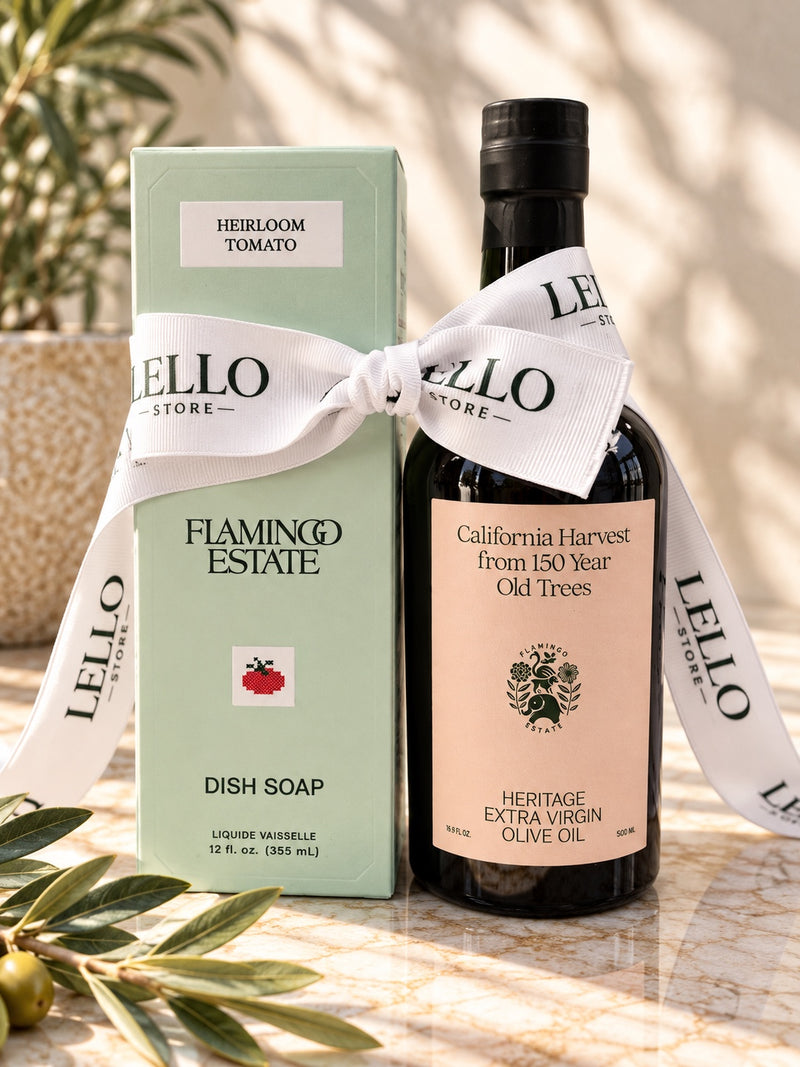 Flamingo Estate dish soap and olive oil tied with Lello ribbon