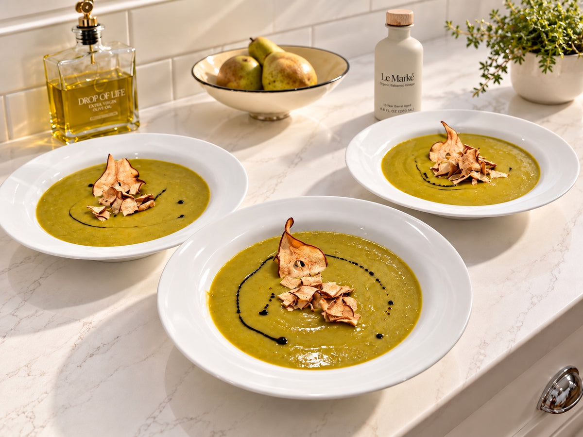 Split pea soup with aged balsamic and dehydrated pears, served in white bowls