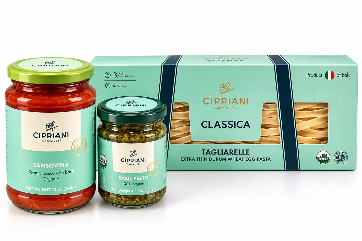 La Seduzione Veneziana: Cipriani Tagliarelle pasta with Organic Basil Pesto and Sansovina Tomato Sauce on white