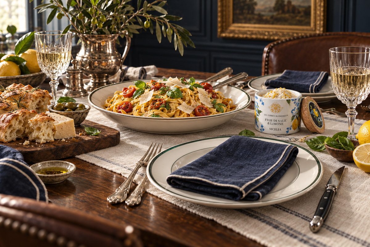 Tagliatelle, Sicilian lemon salt and black-handled Laguiole cutlery on an ivory linen and walnut dining table.
