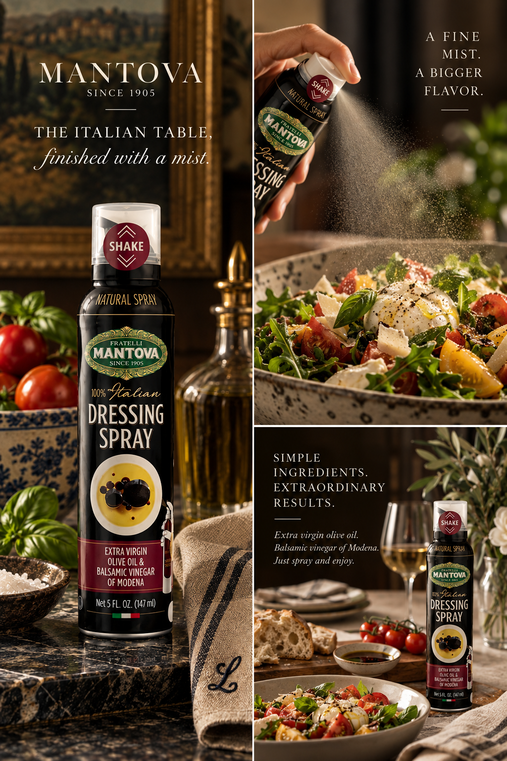 Mantova Italian Dressing Spray with salad and Italian table serving inspiration