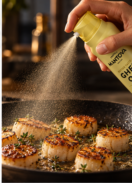 Mantova Butter Taste Ghee Oil Spray misting scallops in a skillet