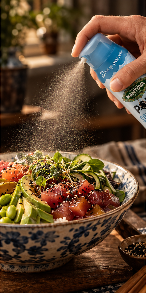 Mantova Poke Soy Sauce Spray misting a fresh poke bowl