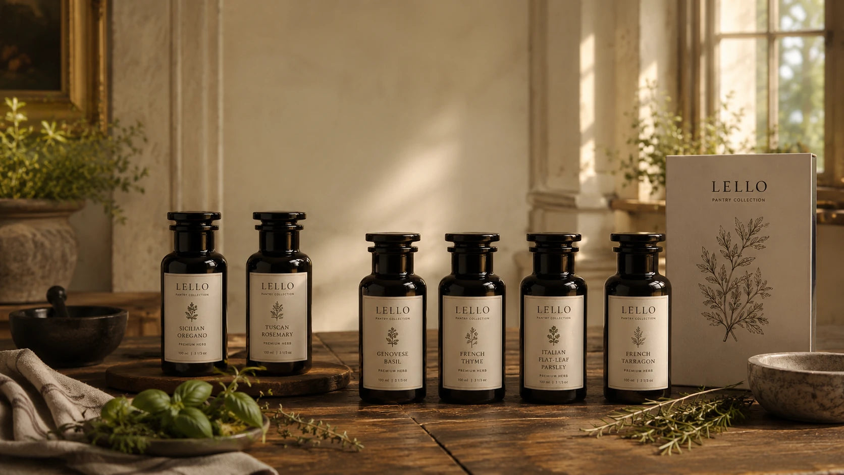 LELLO Pantry Collection herb bottles in a sunlit heritage kitchen