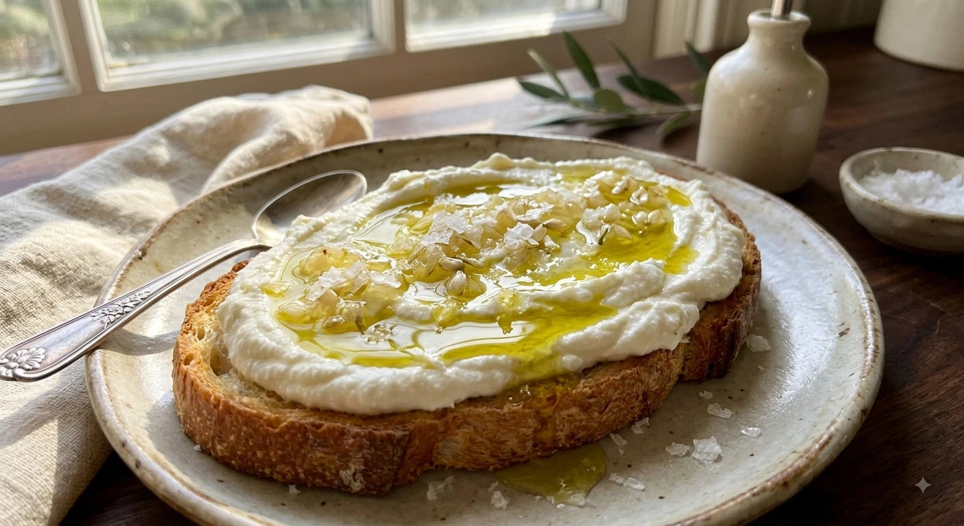 Whipped ricotta toast with jasmine flower confit, Heritage olive oil and Sicilian lemon sea salt