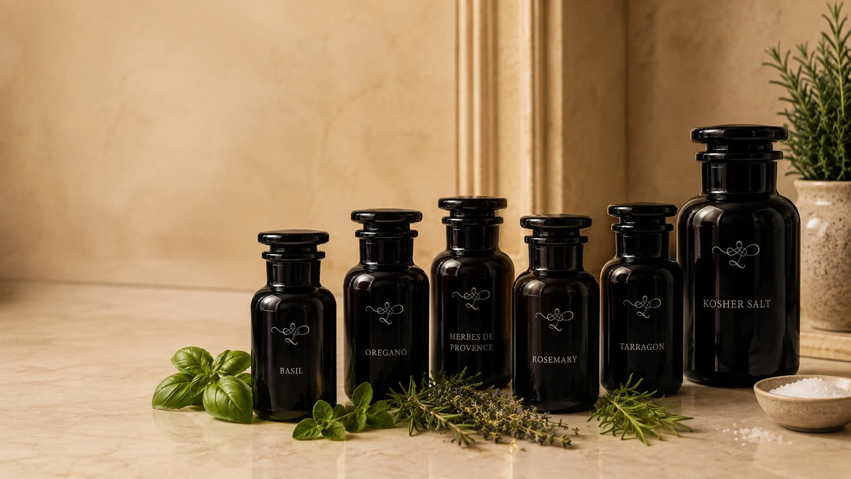 Lello Apothecary of the Senses collection of five etched herb vessels and oversized Kosher Salt vessel