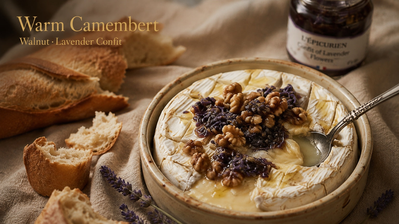 Warm Camembert with walnuts and lavender confit