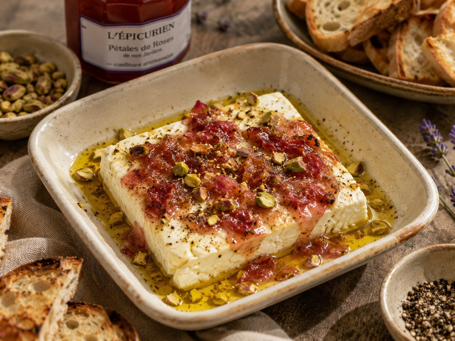 Baked Feta with Rose Confit & Pistachios
