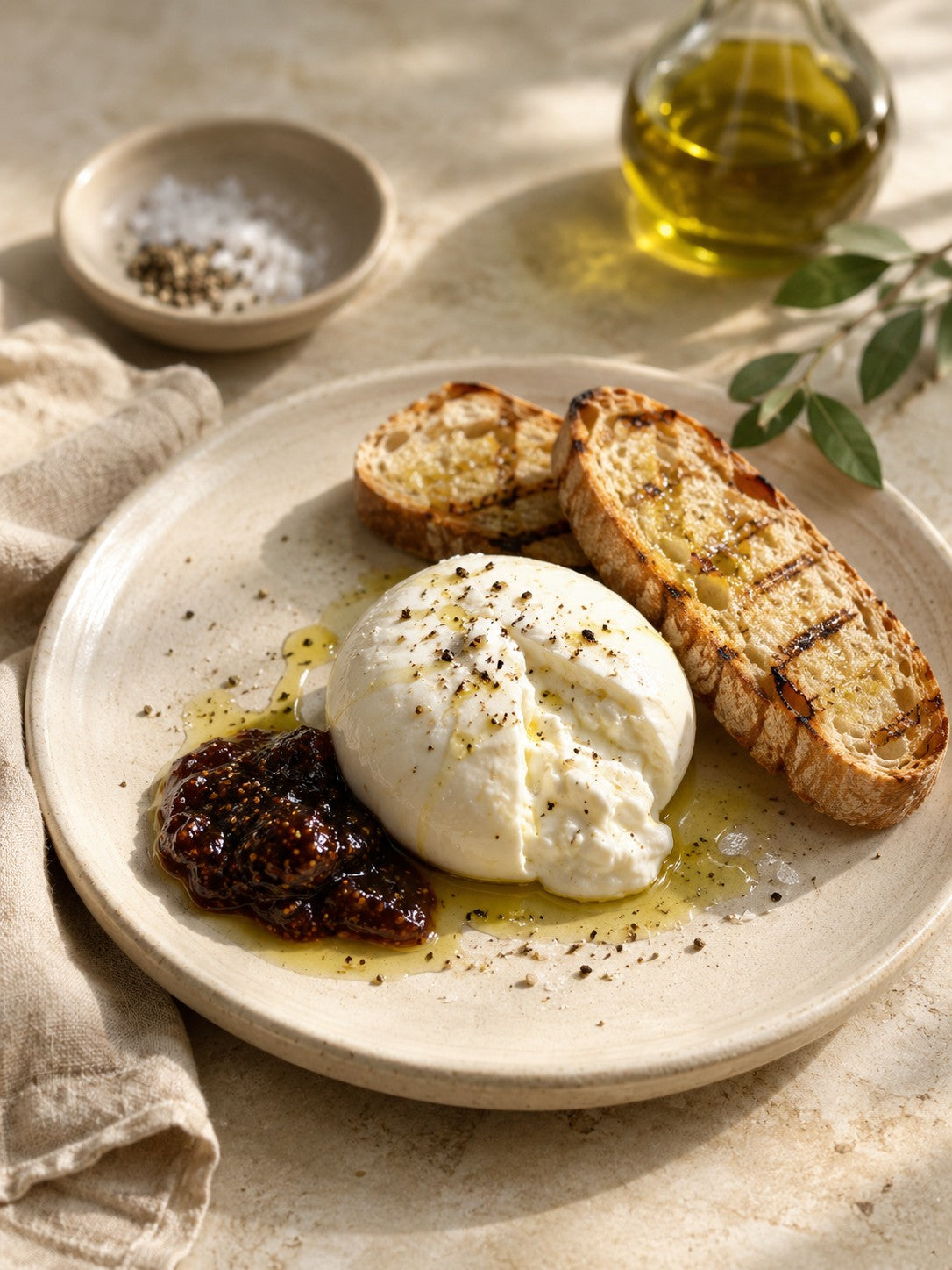 Burrata with Fig Jam, Black Pepper & Olive Oil
