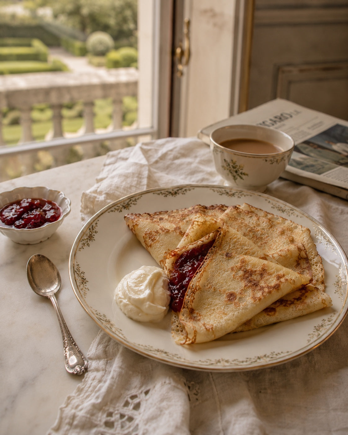 French Crêpes with Wild Strawberry Jam & Acacia Honey Cream