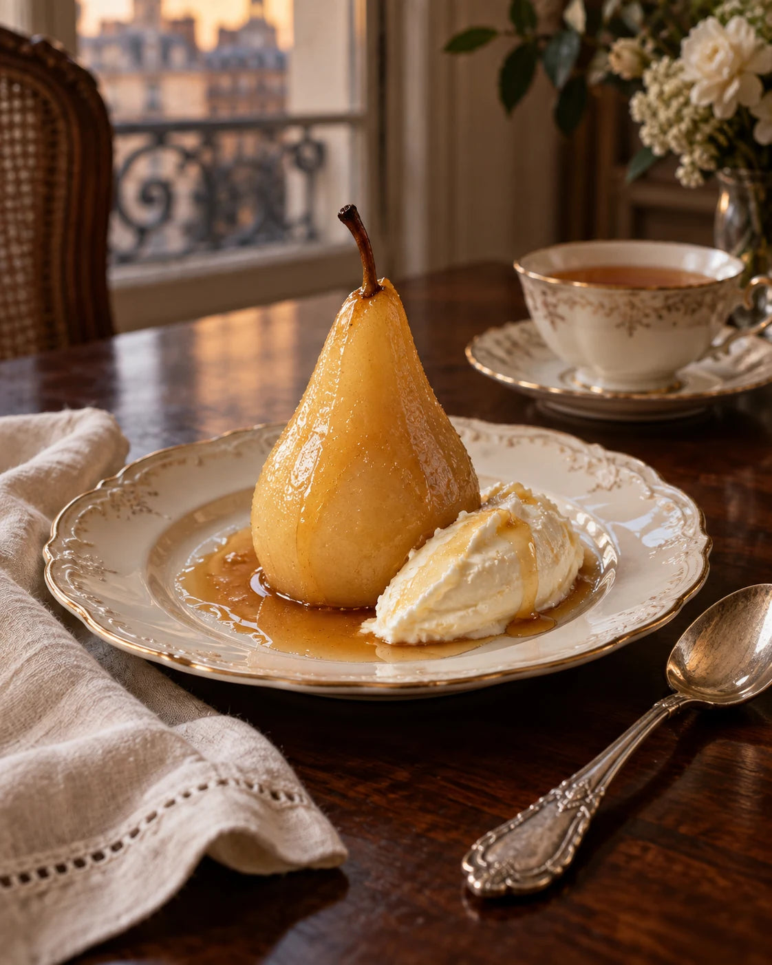 Paris Tea-Poached Pears with Acacia Honey Mascarpone