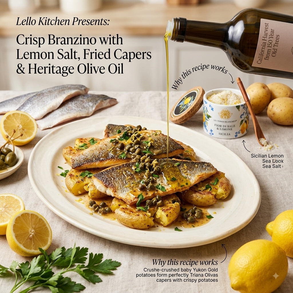 Crisp Branzino with Lemon Salt, Fried Capers & Heritage Olive Oil
