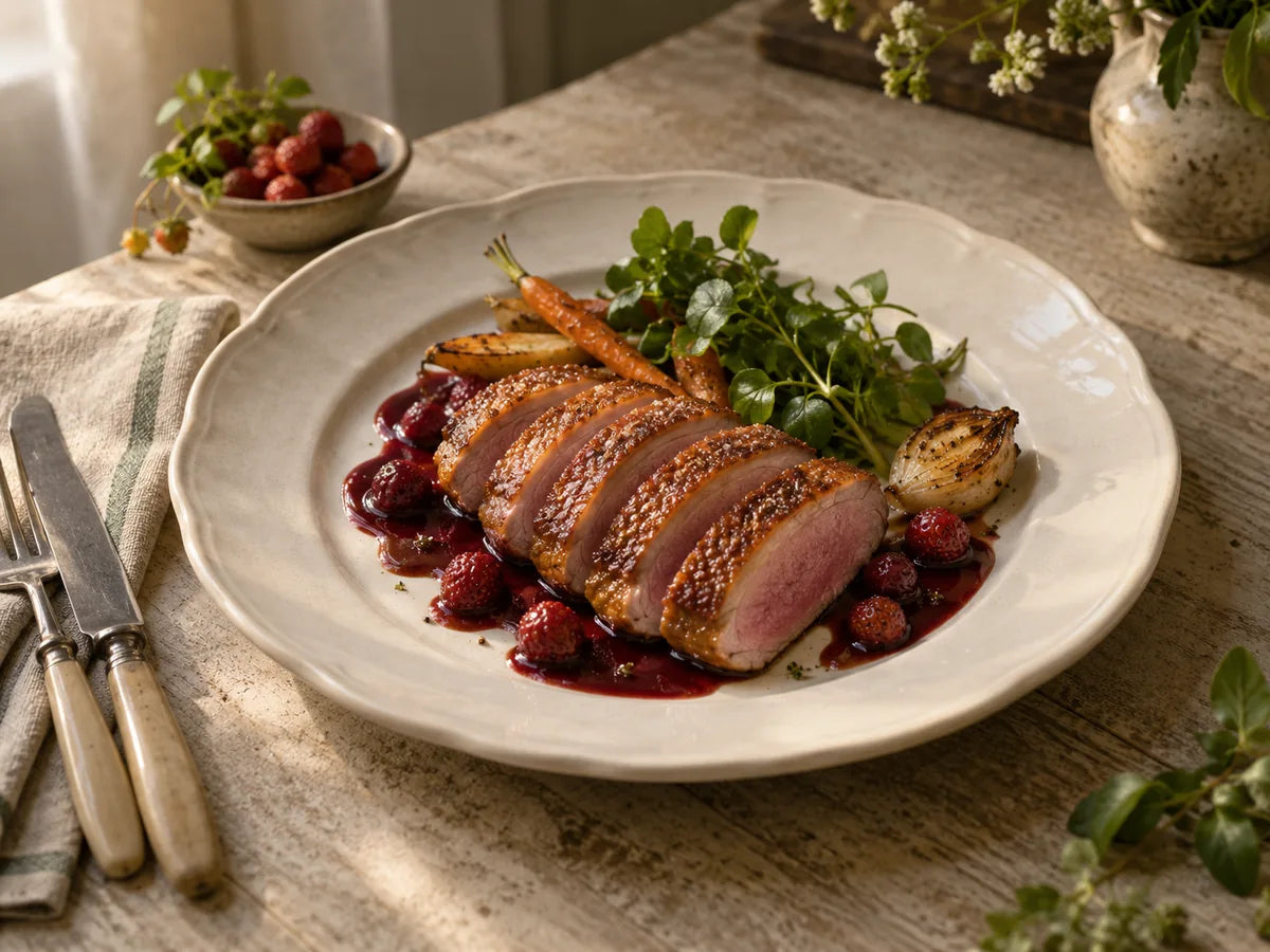 Duck Breast with Wild Strawberry & Red Wine Sauce