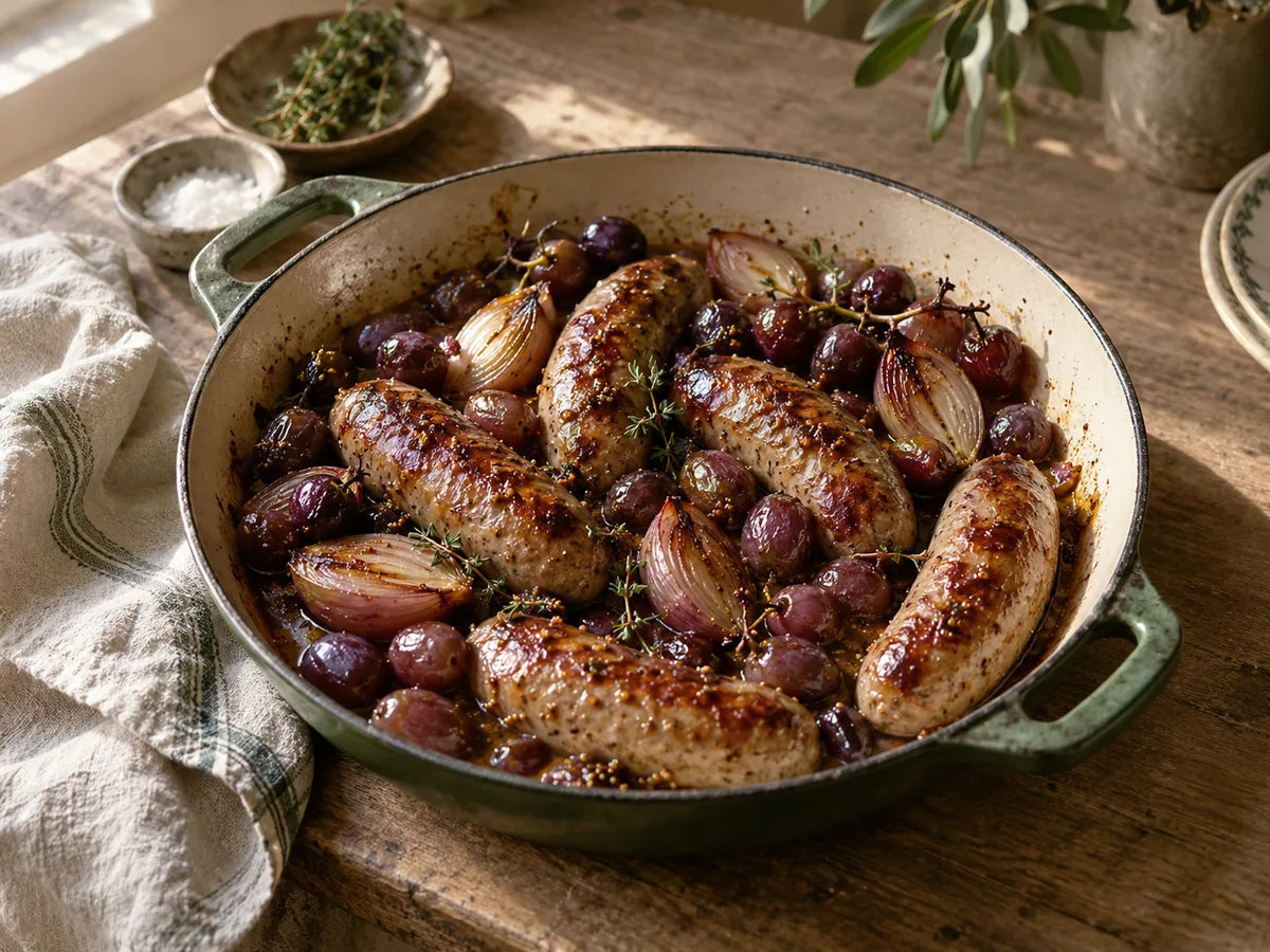 Sausages, Grapes & Shallots with Two Mustards