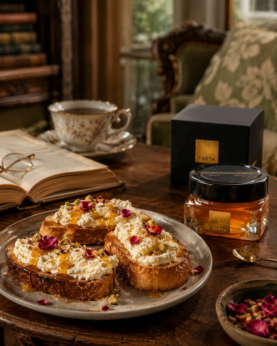 Rose Honey Toasts with Whipped Ricotta & Pistachio