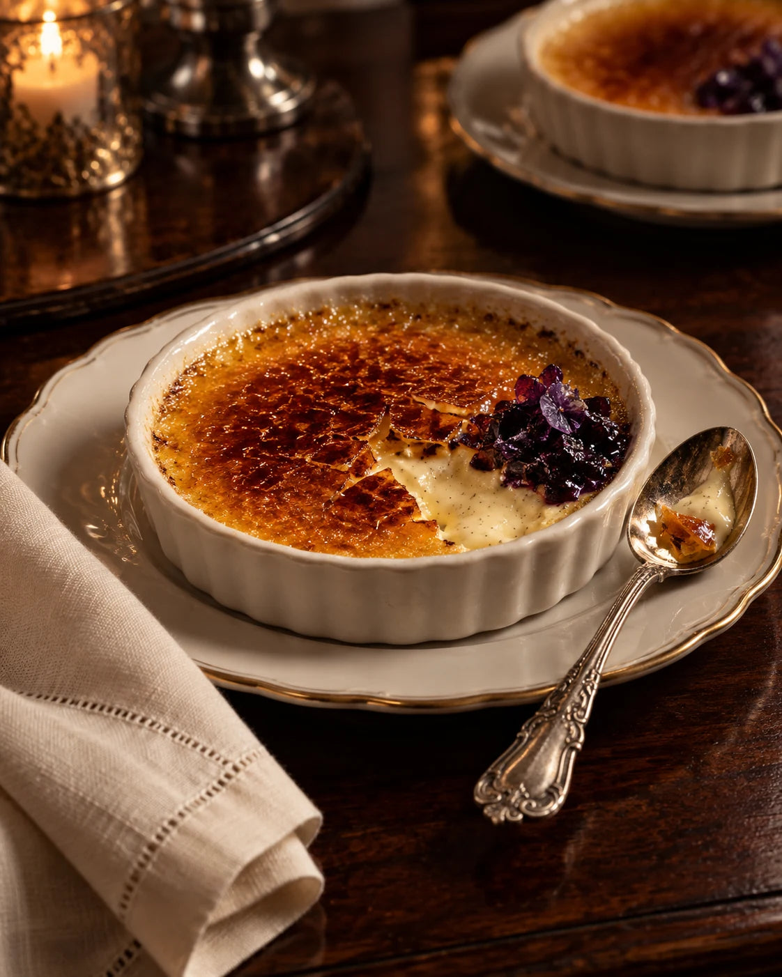 Vanilla Bean Crème Brûlée with Violet Flower Confit