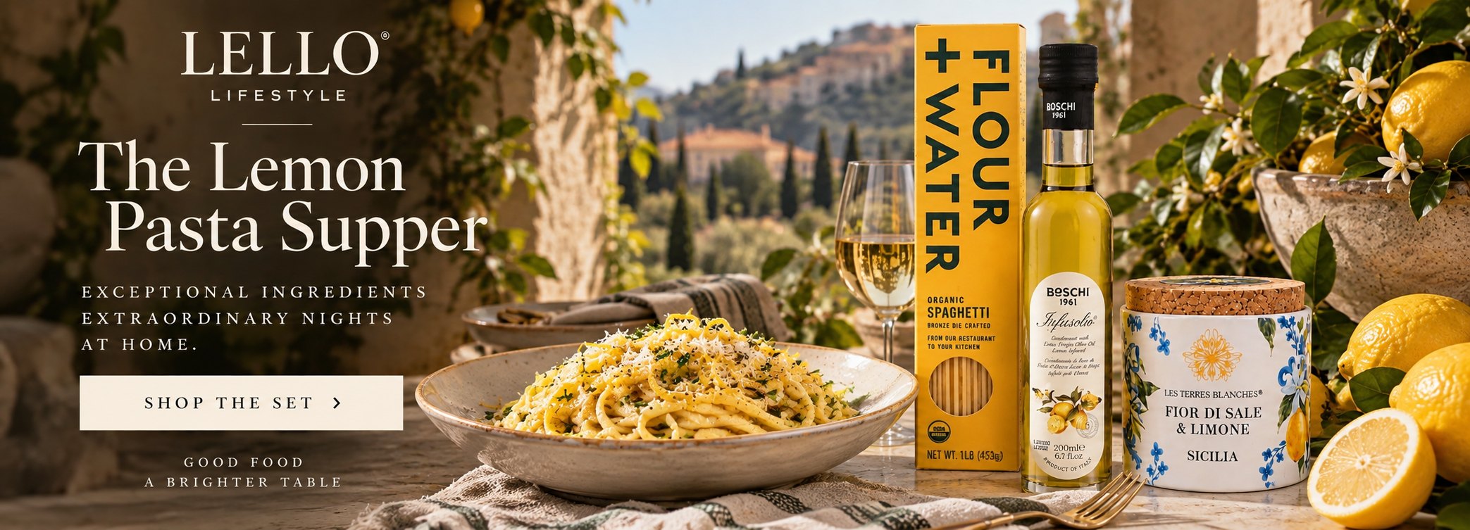 The Lemon Pasta Supper by Lello, with Flour + Water spaghetti, Boschi lemon olive oil and Sicilian lemon salt