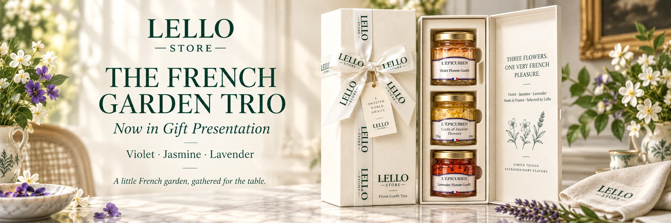The French Garden Trio in Lello gift presentation with violet, jasmine and lavender flower confits