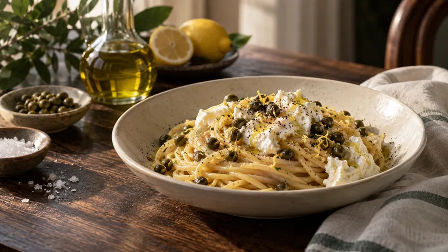 Lello's burrata and caper pasta with lemon olive oil on a warm walnut table