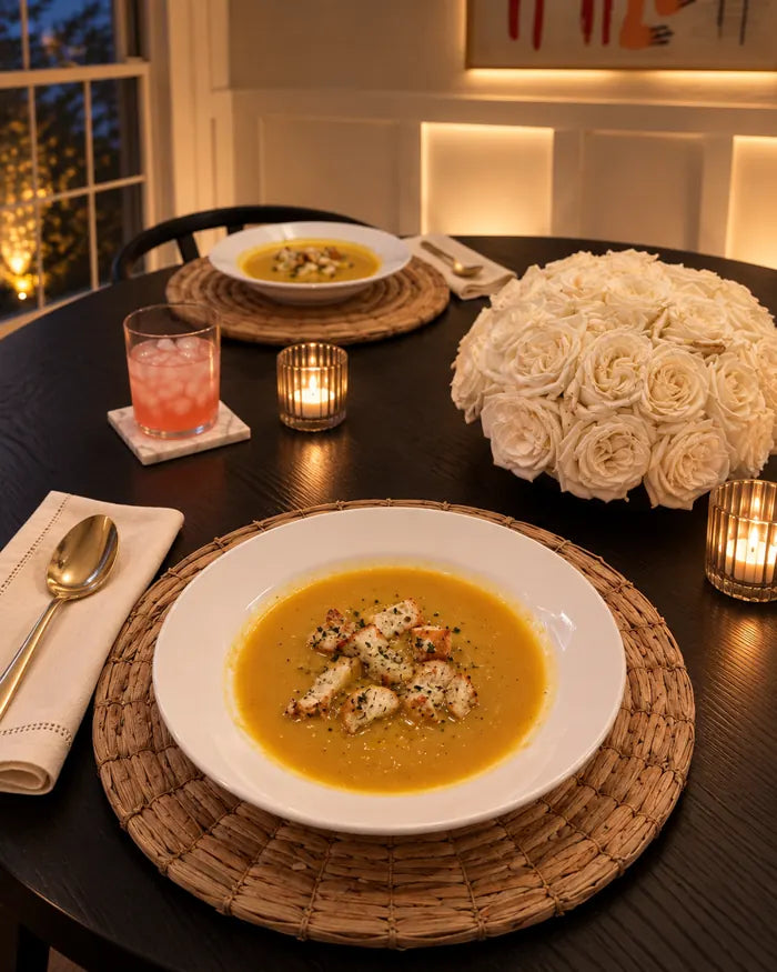 Butternut squash and apple soup with Gary's croutons, candles and ivory roses