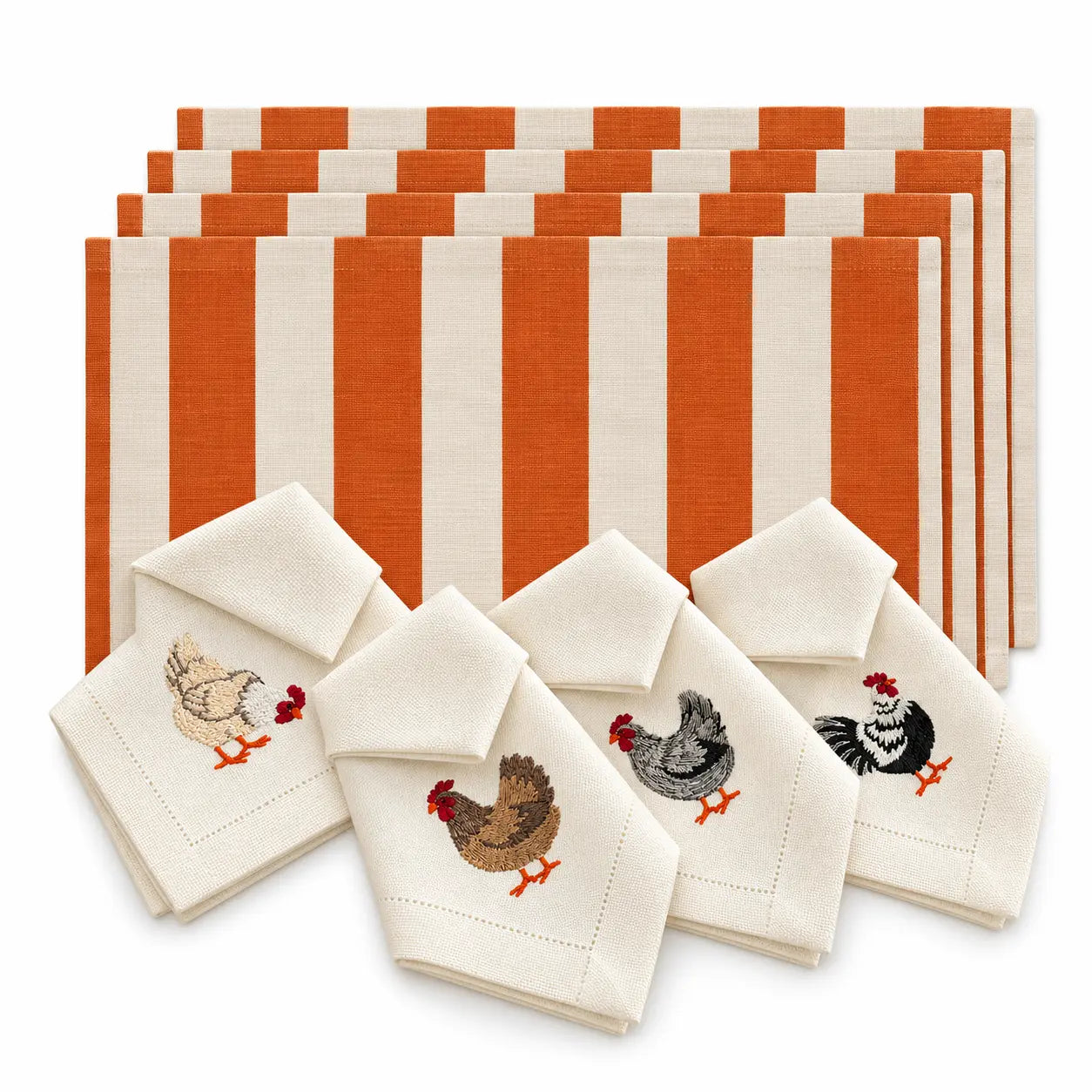 The Country Table — Embroidered Hen Napkins & Cotton Placemats