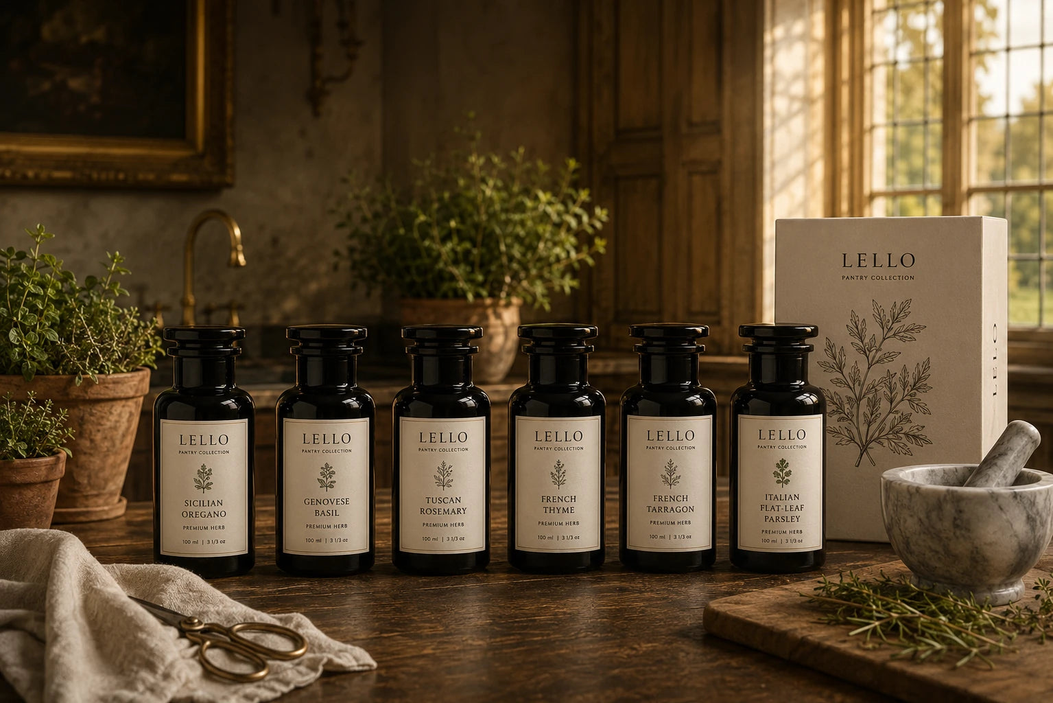 Lello Pantry Collection herb jars in an English country kitchen