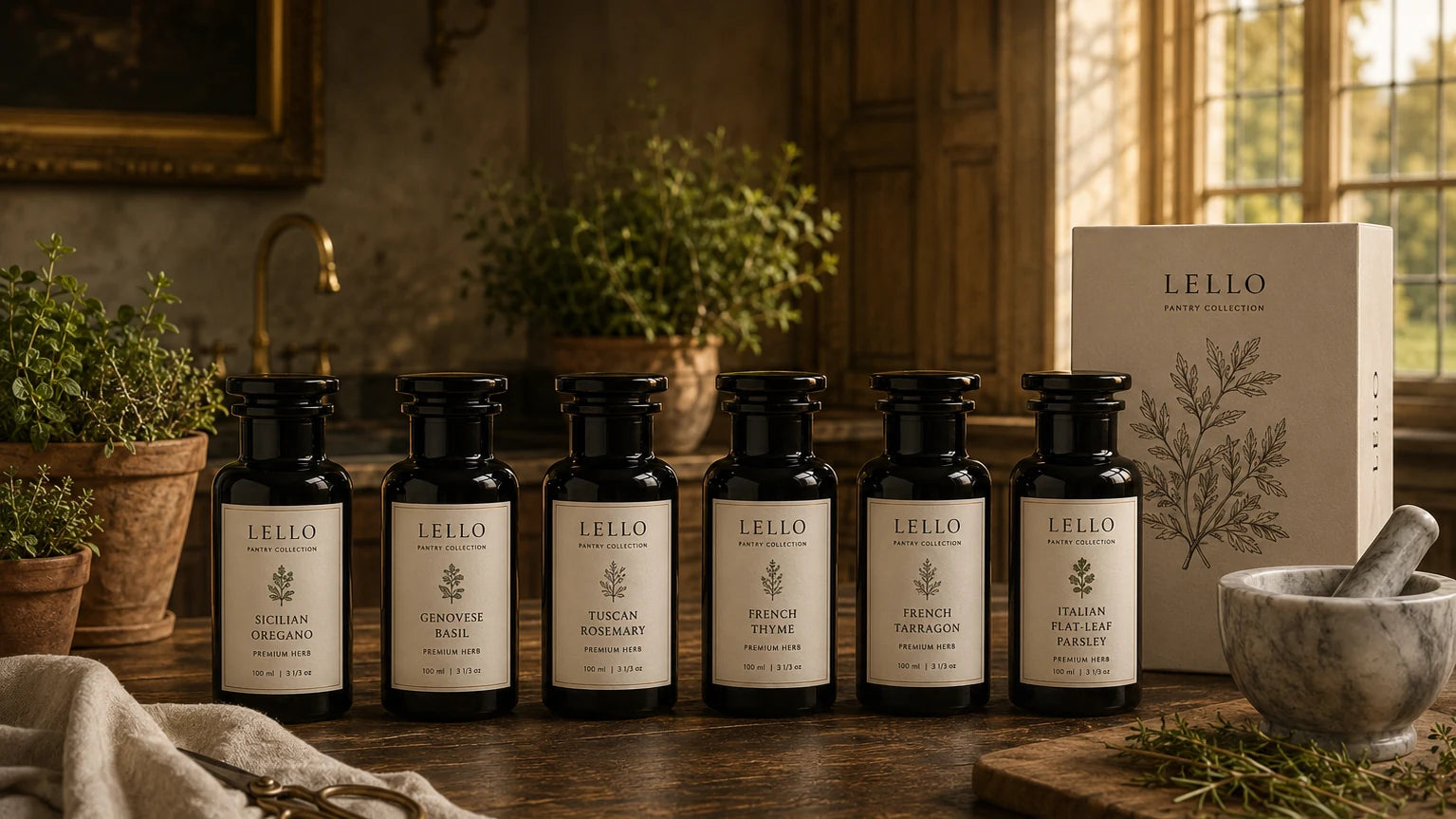 Lello Pantry Collection herb jars in an elegant country kitchen